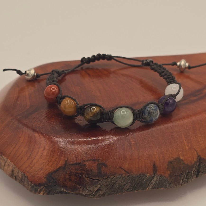 Handmade Jewelry; Chakra Bracelets; Brown Cotton Cord; Adjustable Style; Silver Tone Accents; Tina Lucas; The Cool Collective; Woman-Owned Small Business