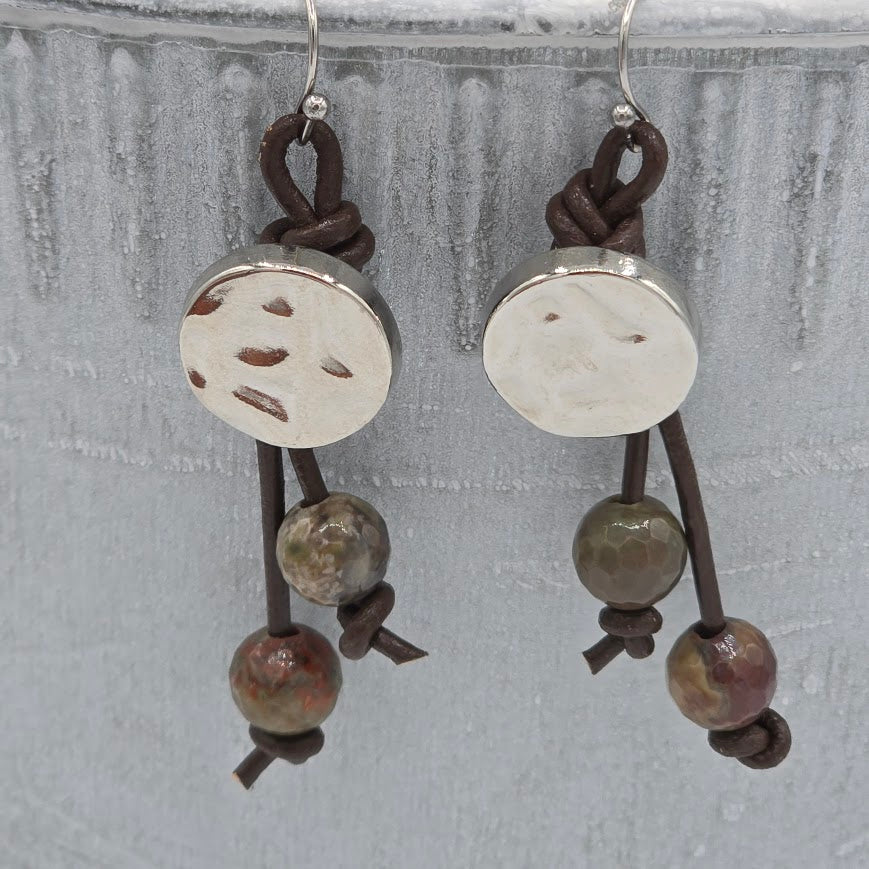 Rippled Button with Dark Brown Leather, Gemstones, and Stainless Steel Ear Wires