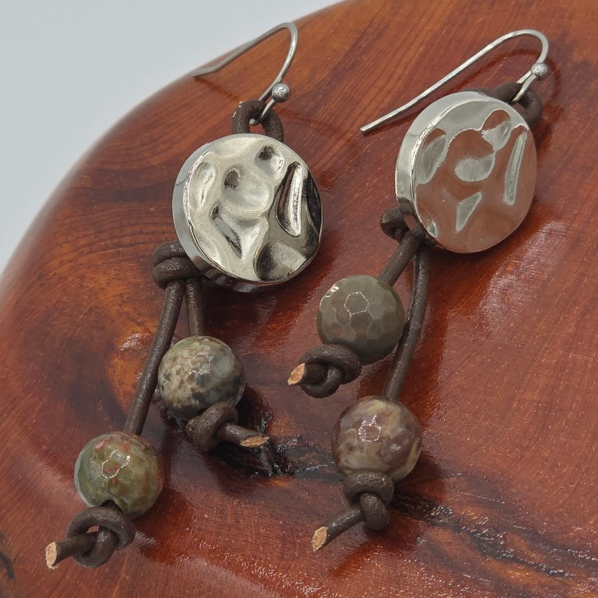 Rippled Button with Dark Brown Leather, Gemstones, and Stainless Steel Ear Wires
