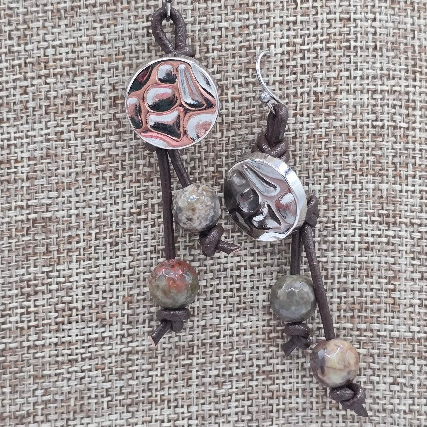 Rippled Button with Dark Brown Leather, Gemstones, and Stainless Steel Ear Wires