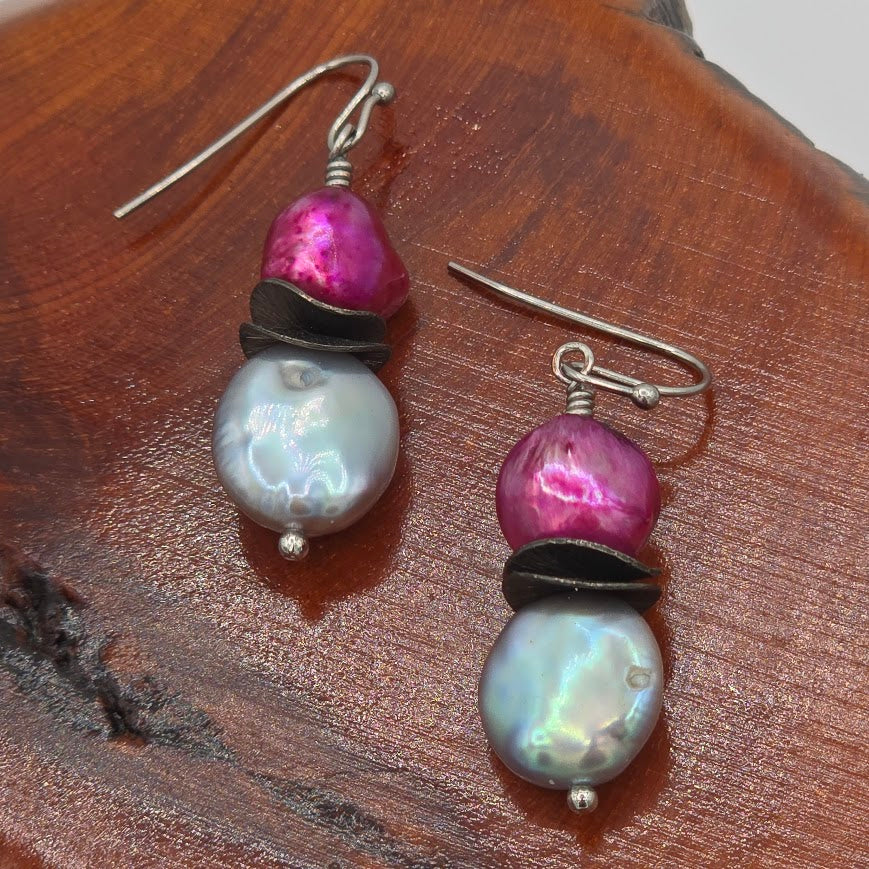 Fuchsia and Silvery Gray Pearls Earrings with Black Gold Wavy Spacers and Stainless Steel Ear Wires