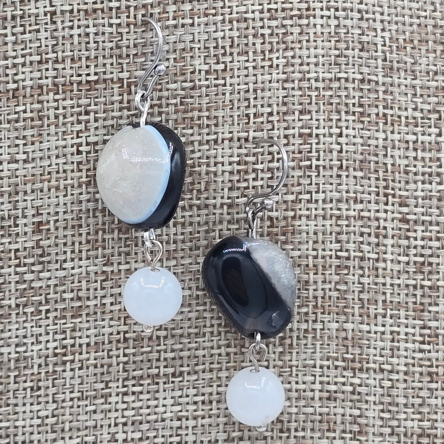 Black/White Banded Agate Earrings with White Quartzite and Stainless Steel Ear Wires