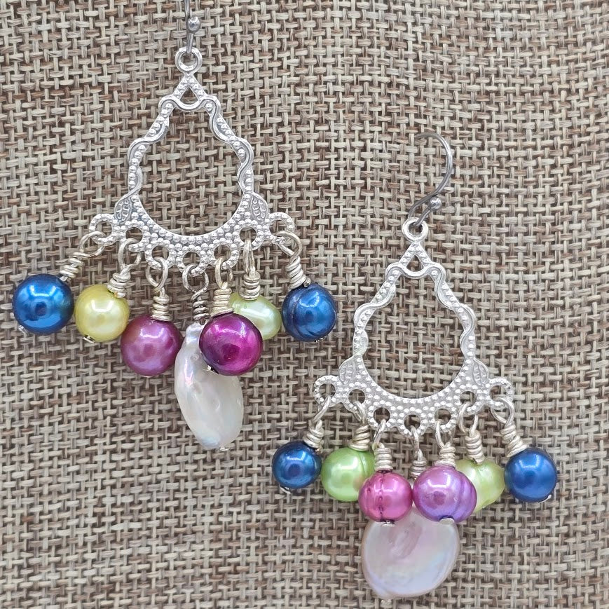 Multicolor Freshwater Pearls Chandelier Earrings on Stainless Steel Ear Wires