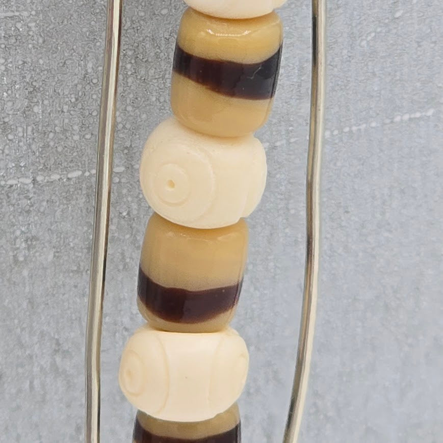 Silver Tone Wire Wrapped Earrings with Striped & Carved Bone on Stainless Steel Ear Wires