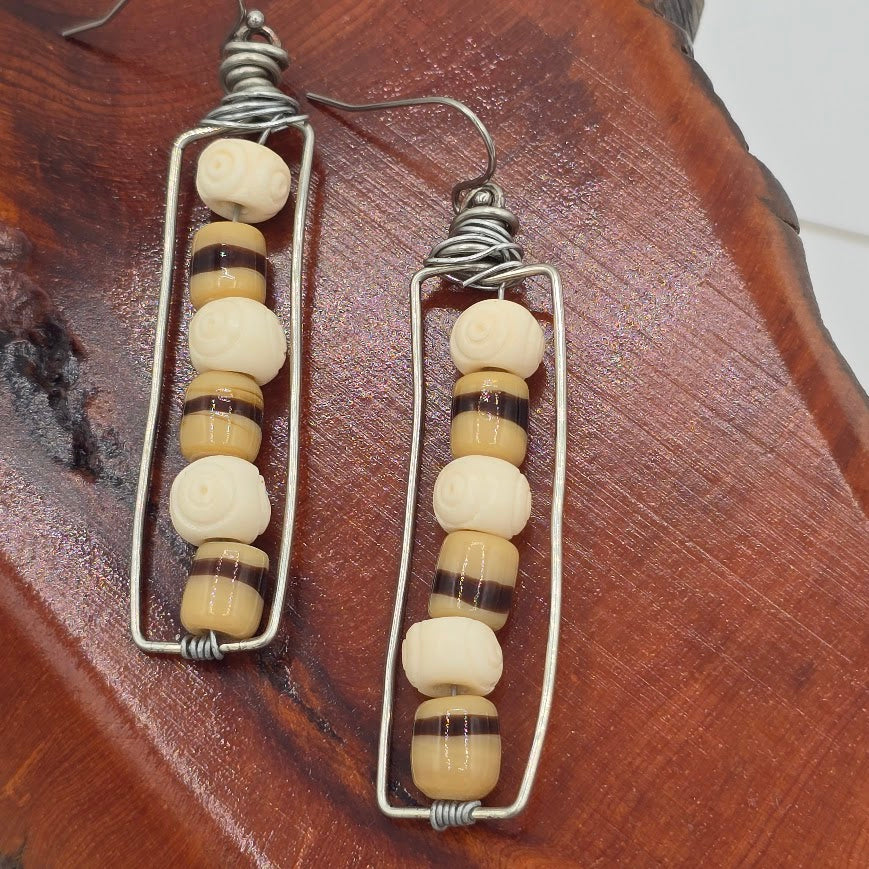 Silver Tone Wire Wrapped Earrings with Striped & Carved Bone on Stainless Steel Ear Wires