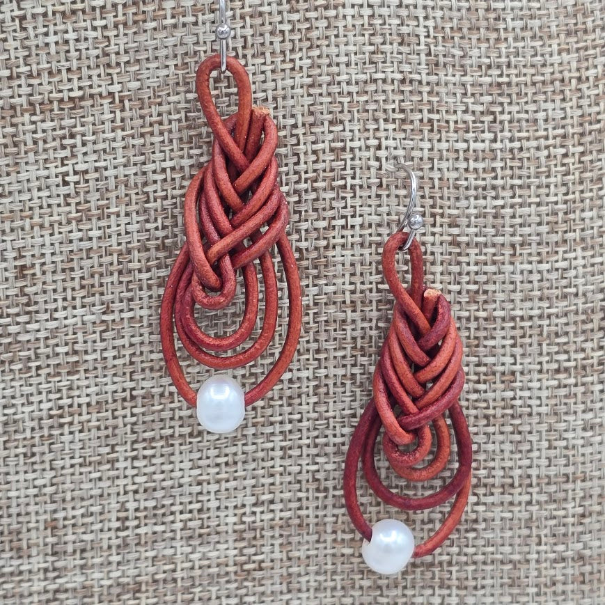 Turkish Red Leather Chinese Pipa Knot Earrings with Pearls and Stainless Steel Ear Wires