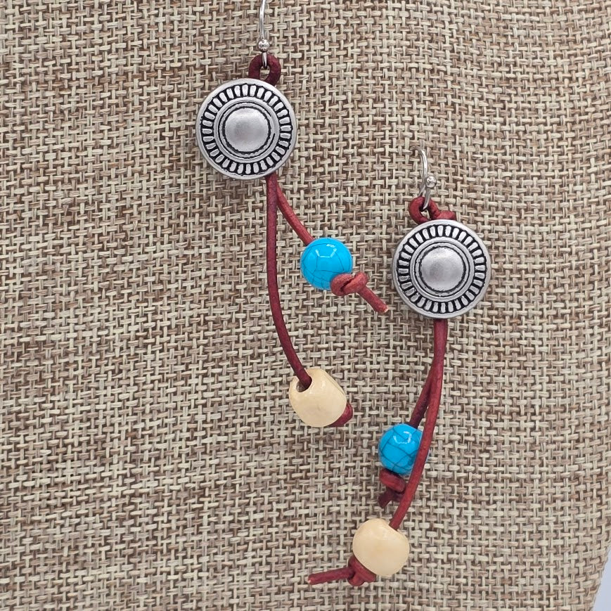 Pewter Tone Button Earrings on Turkish Red Leather and Dolomite & Wood on Stainless Steel Ear Wires