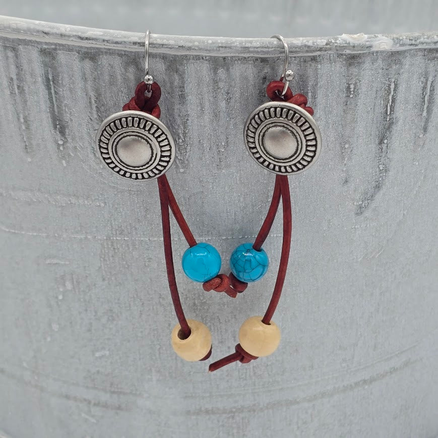 Pewter Tone Button Earrings on Turkish Red Leather and Dolomite & Wood on Stainless Steel Ear Wires