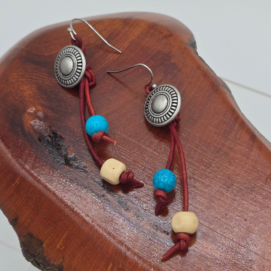 Pewter Tone Button Earrings on Turkish Red Leather and Dolomite & Wood on Stainless Steel Ear Wires