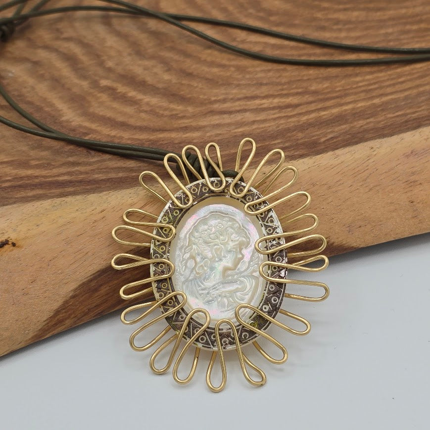 Wire-Wrapped Mother of Pearl Cameo on Olive Green Leather Adjustable Style