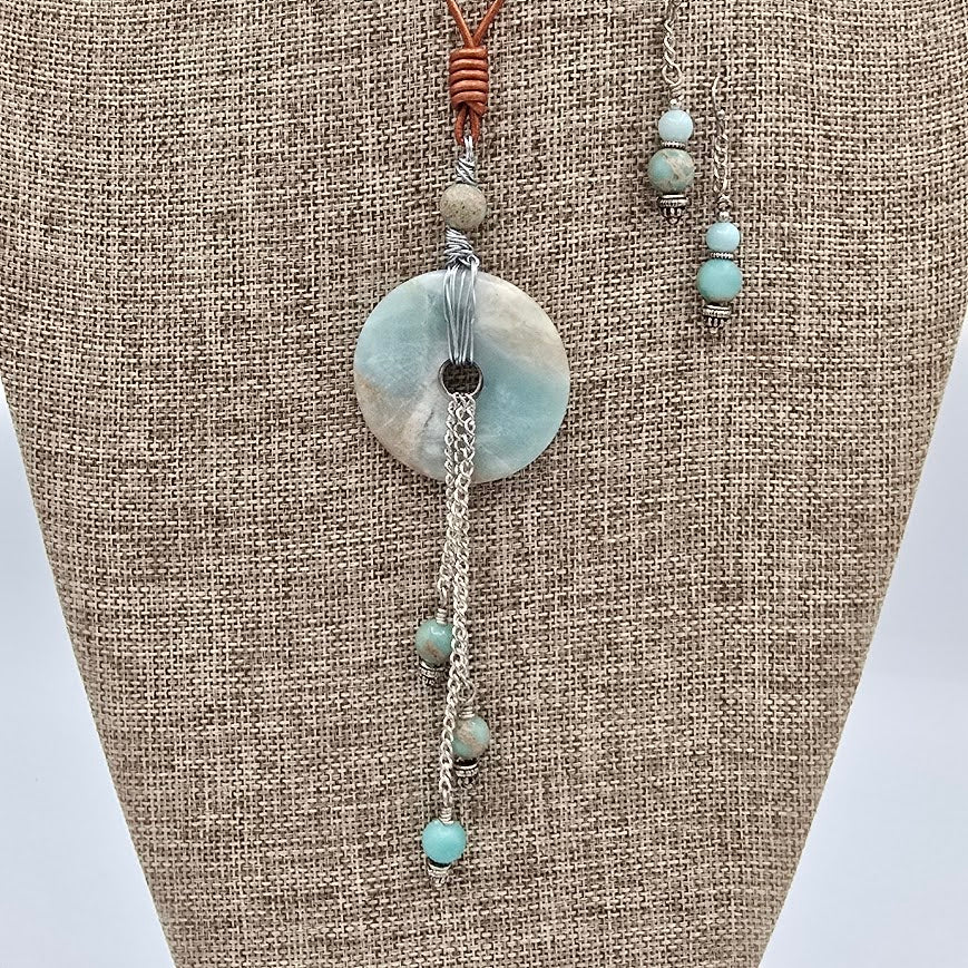 Amazonite Donut & Beads With Silver Tone Chain Tassel & Accents on Pearlized Bronze Leather Necklace - Adjustable Style