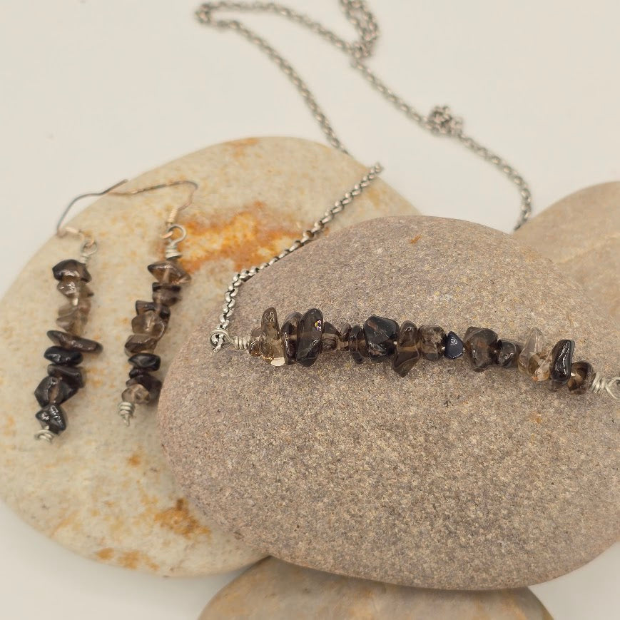 Smoky Quartz Bar Necklace & Earrings on Stainless Steel Chain and Ear Wires
