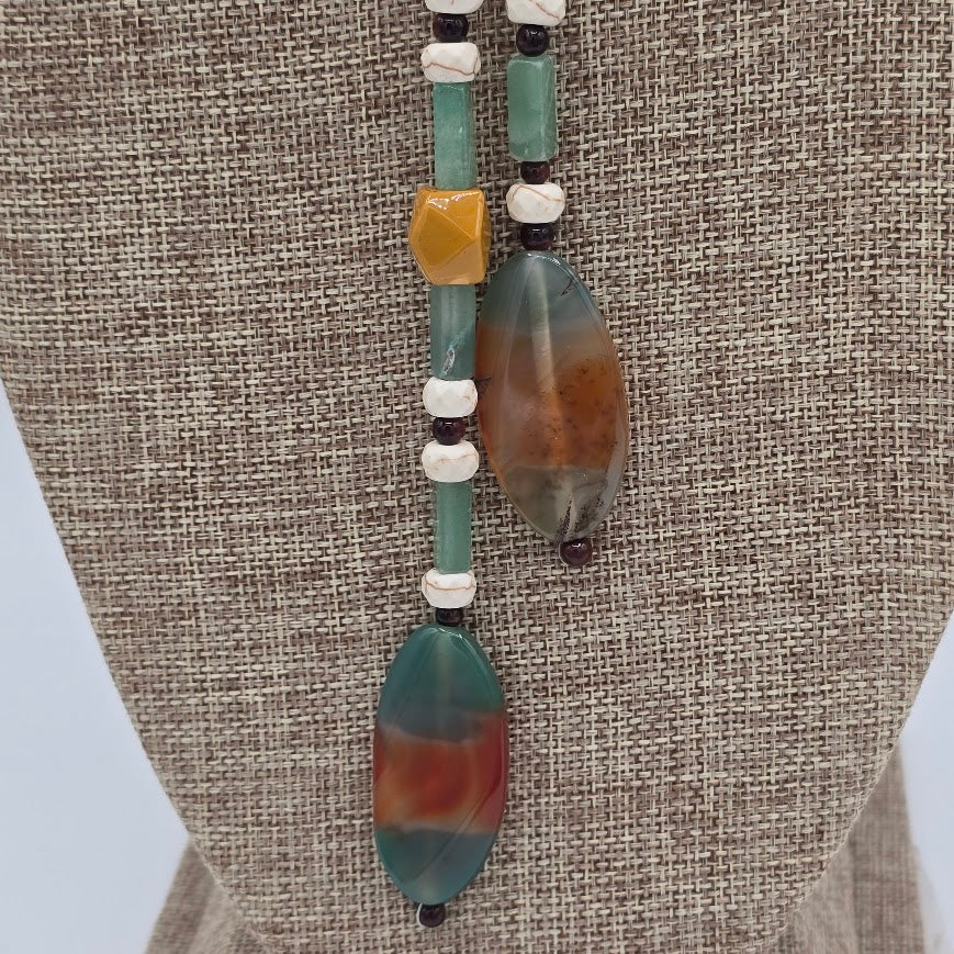 Green Banded Agate on Natural Brown Leather Lariat With White Howlite, Red Tiger's Eye, Green Aventurine and Golden Mookaite