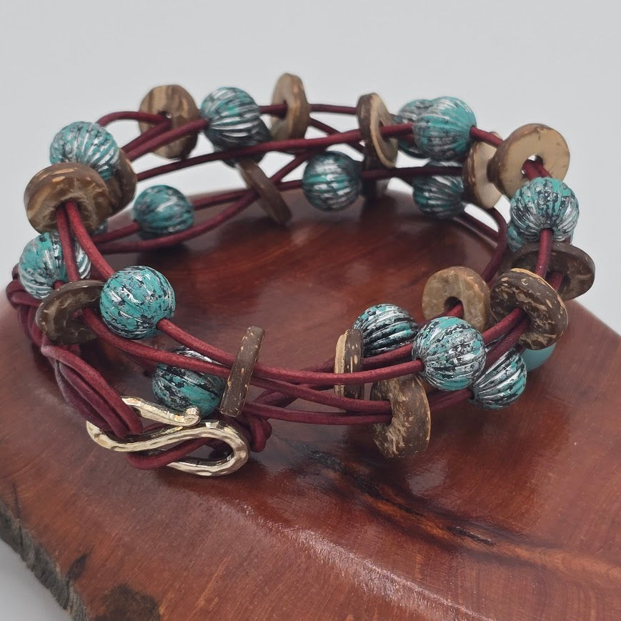 Handmade Jewelry; Turkish Red Leather Double Wrap; Wood and Blue Patina Beads; Tina Lucas; The Cool Collective; Woman-Owned Small Business