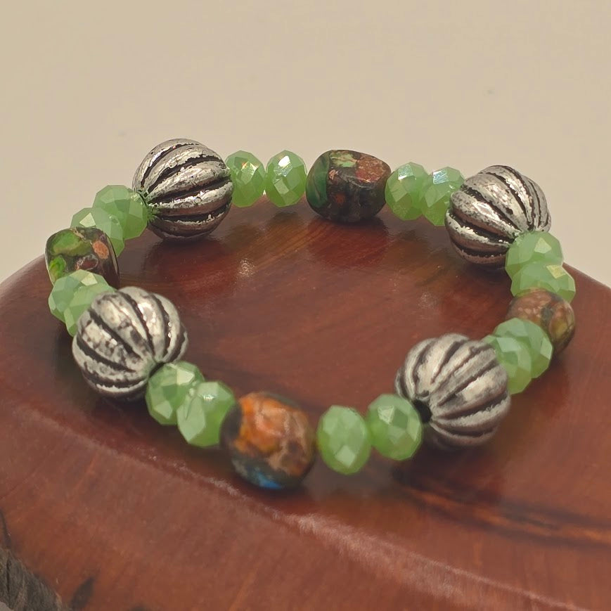 Handmade Jewelry; STRETCH Bracelet with Mardi Gras Jasper, Light Green Crystals, and Silver Tone Accents; Tina Lucas; The Cool Collective; Woman-Owned Small Business