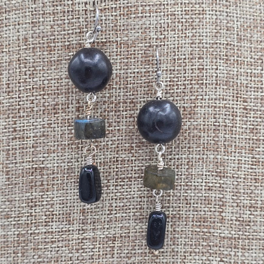 Smooth Lava and Matte Labradorite Wheels Earrings with Stainless Steel Ear Wires