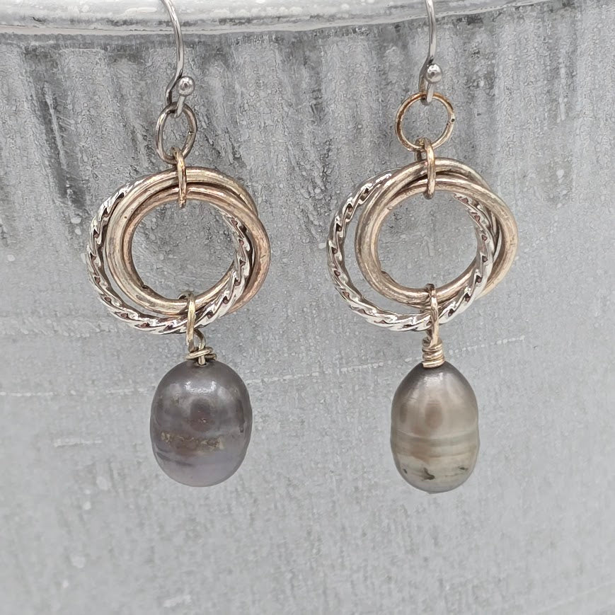 Gray Pearls on Silver Tone Mobius on Stainless Steel Ear Wires