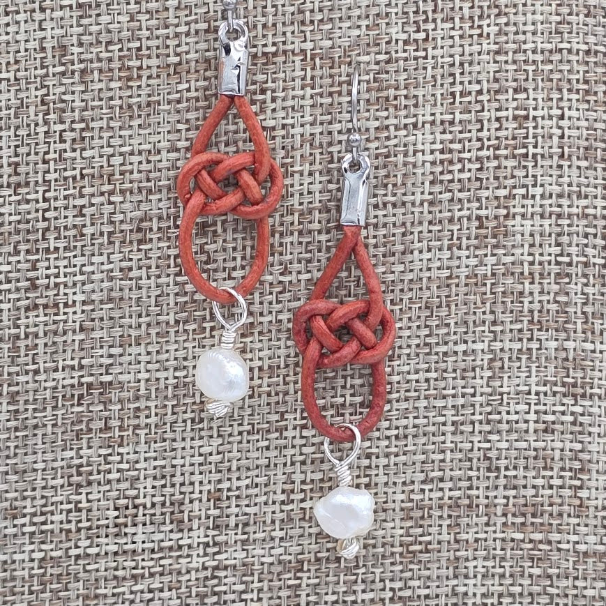 Natural Red Leather Celtic Knot with Pearls and Stainless Steel Ear Wires