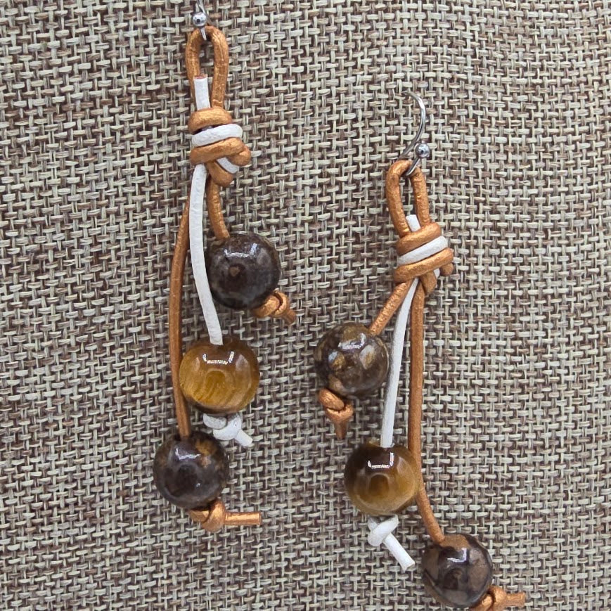 Two-Tone Leather Earrings with Boulder Opal and Tiger's Eye on Stainless Steel Ear Wires