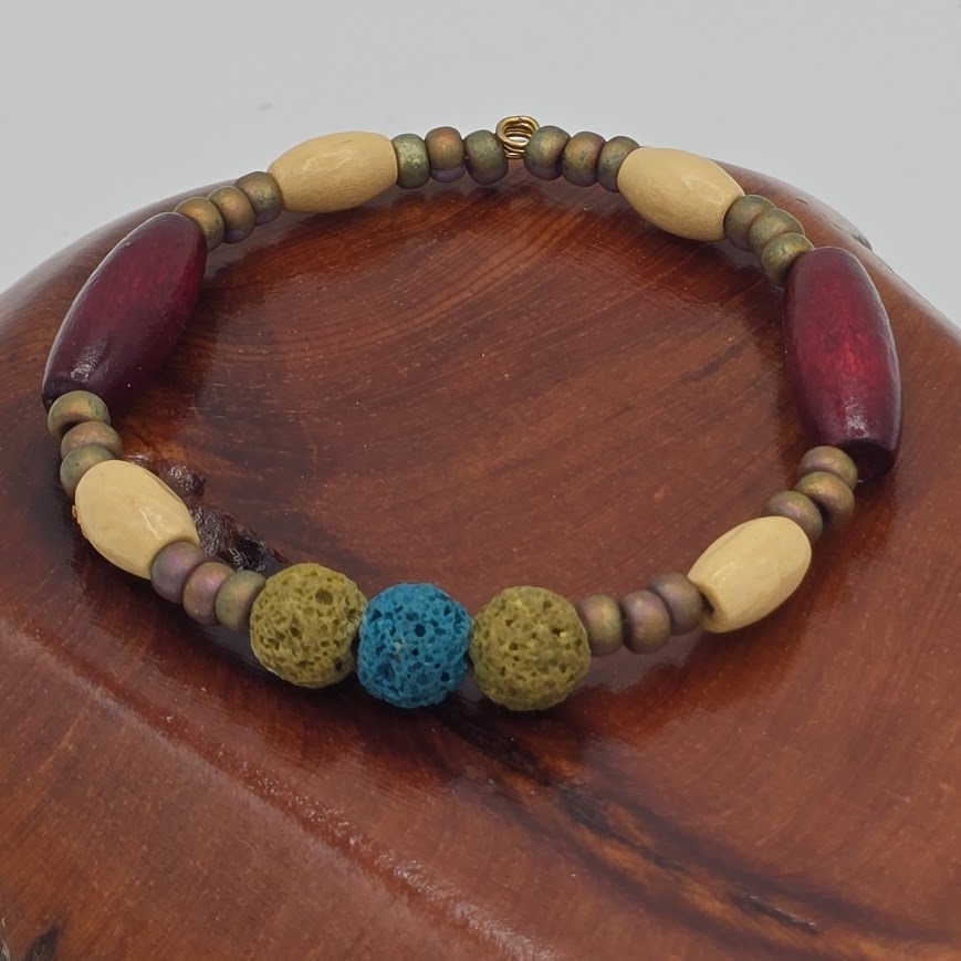 Handmade Jewelry; Memory Wire Bracelet with Glass, Wood, and Lava Beads; Tina Lucas; The Cool Collective; Woman-Owned Small Business