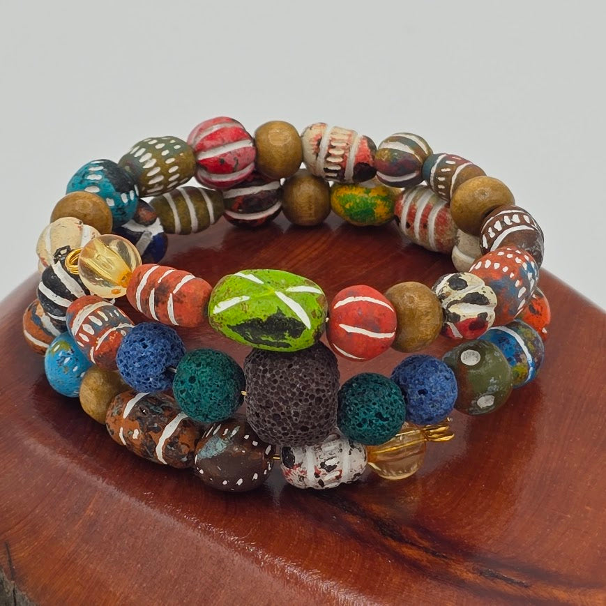 Handmade Jewelry; Memory Wire Bracelet with Vibrant Clay Beads and Lava Beads; Tina Lucas; The Cool Collective; Woman-Owned Small Business