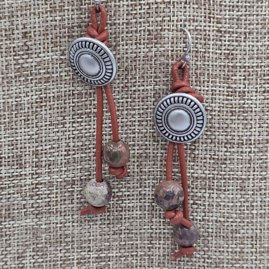 Pewter Tone Buttons on Saddle Brown Leather with Boulder Opal on Stainless Steel Ear Wires