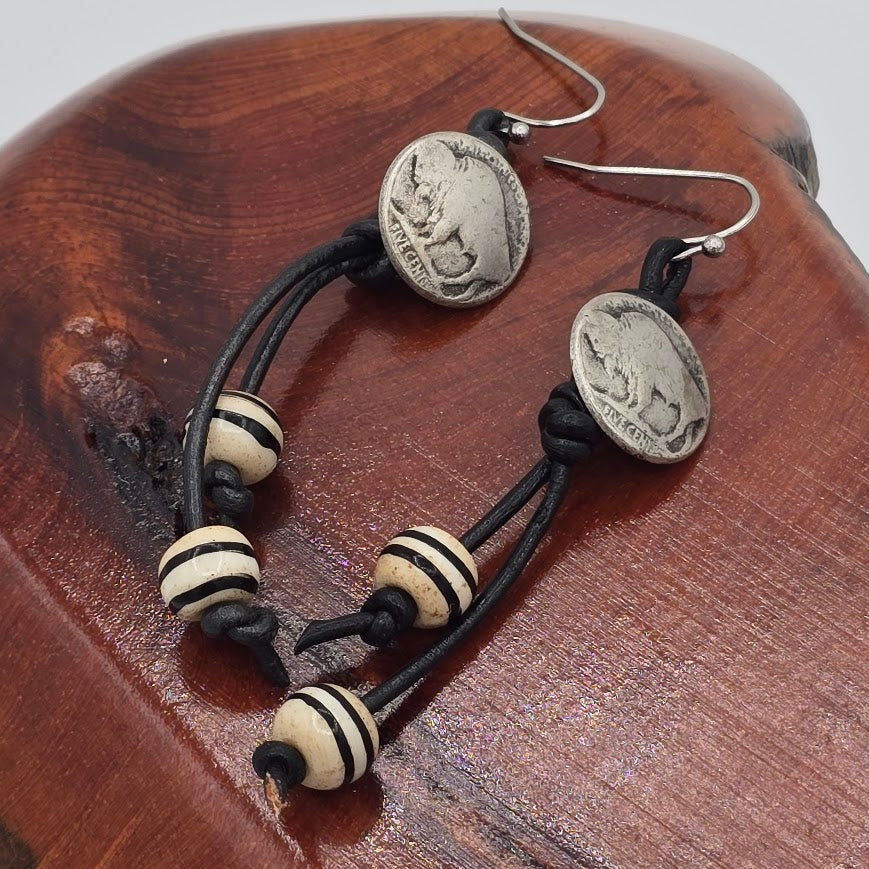 Buffalo Nickel Buttons and Leather with Bone Beads on Stainless Steel Ear Wires