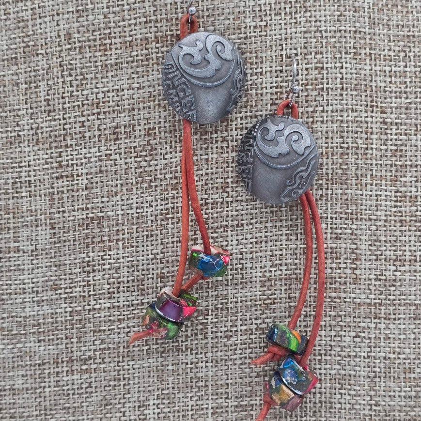 Silver Tone Buttons with Natural Red Leather, Mosaic Jasper, and Stainless Steel Ear Wires