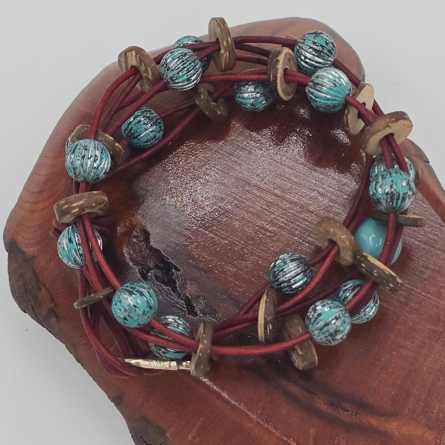 Handmade Jewelry; Turkish Red Leather Double Wrap; Wood and Blue Patina Beads; Tina Lucas; The Cool Collective; Woman-Owned Small Business