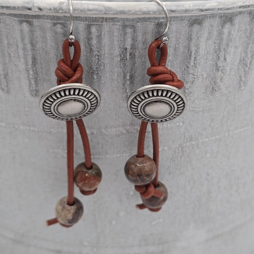 Pewter Tone Buttons on Saddle Brown Leather with Boulder Opal on Stainless Steel Ear Wires