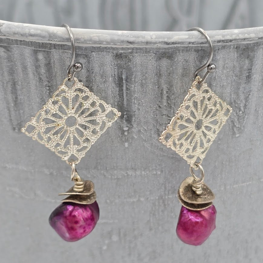 Fuchsia Pearls & Silver Tone Filigree Accents on Stainless Steel Ear Wires