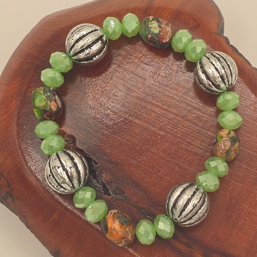 Handmade Jewelry; STRETCH Bracelet with Mardi Gras Jasper, Light Green Crystals, and Silver Tone Accents; Tina Lucas; The Cool Collective; Woman-Owned Small Business