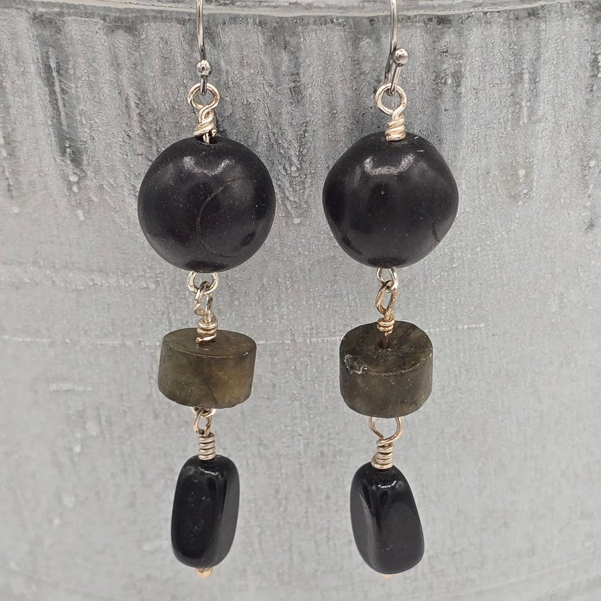 Smooth Lava and Matte Labradorite Wheels Earrings with Stainless Steel Ear Wires