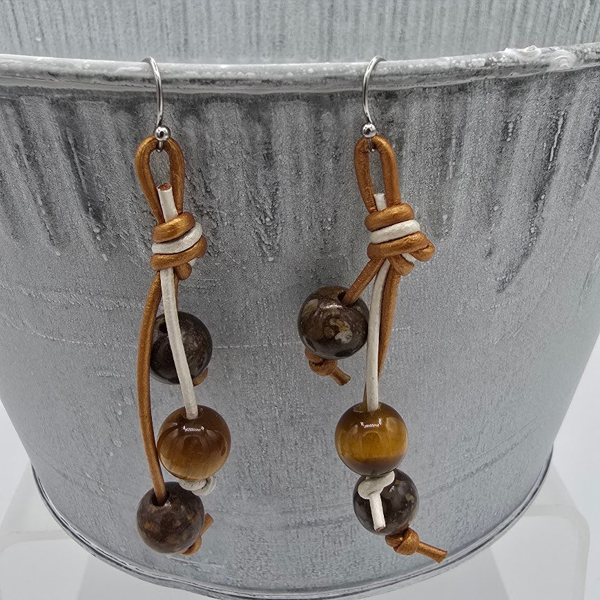 Two-Tone Leather Earrings with Boulder Opal and Tiger's Eye on Stainless Steel Ear Wires