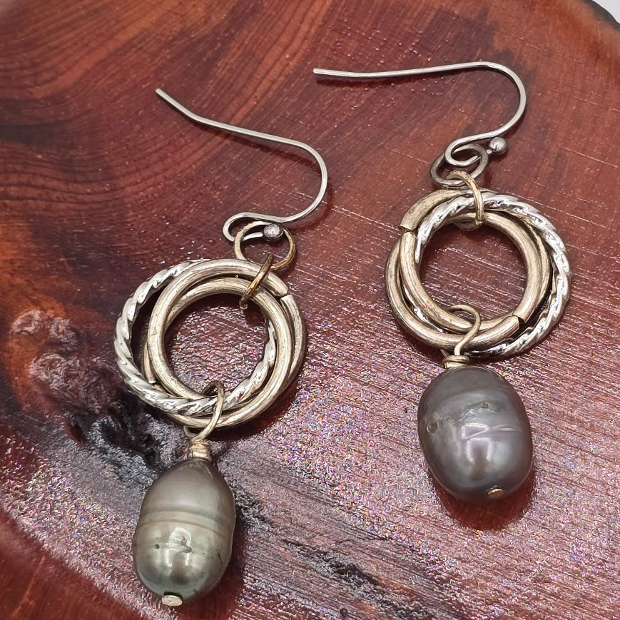 Gray Pearls on Silver Tone Mobius on Stainless Steel Ear Wires