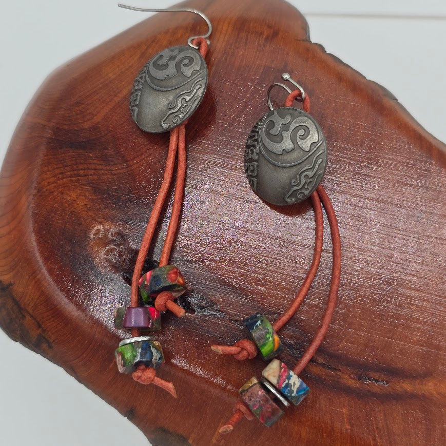 Silver Tone Buttons with Natural Red Leather, Mosaic Jasper, and Stainless Steel Ear Wires