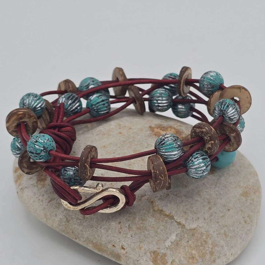 Handmade Jewelry; Turkish Red Leather Double Wrap; Wood and Blue Patina Beads; Tina Lucas; The Cool Collective; Woman-Owned Small Business