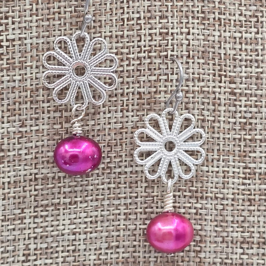 Fuchsia Pearls with Silver Tone Flowers on Stainless Steel Ear Wires