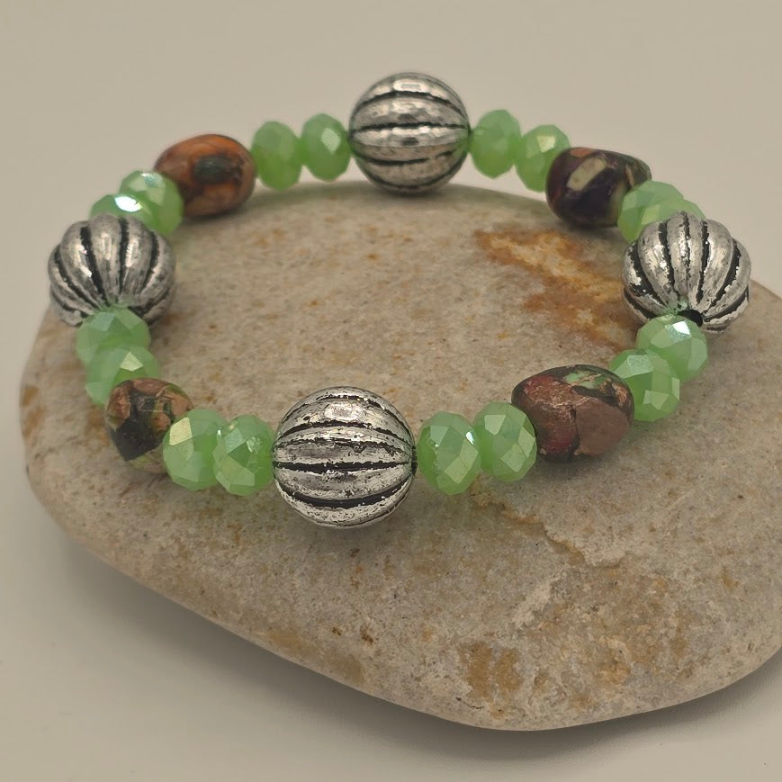 Handmade Jewelry; STRETCH Bracelet with Mardi Gras Jasper, Light Green Crystals, and Silver Tone Accents; Tina Lucas; The Cool Collective; Woman-Owned Small Business