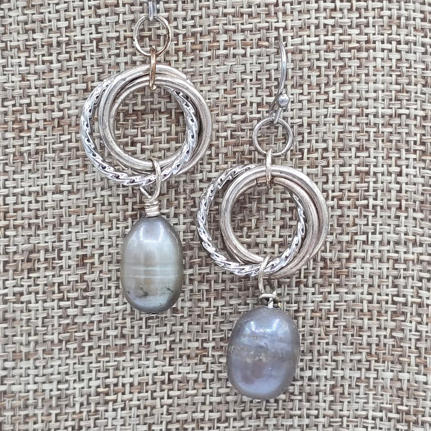 Gray Pearls on Silver Tone Mobius on Stainless Steel Ear Wires