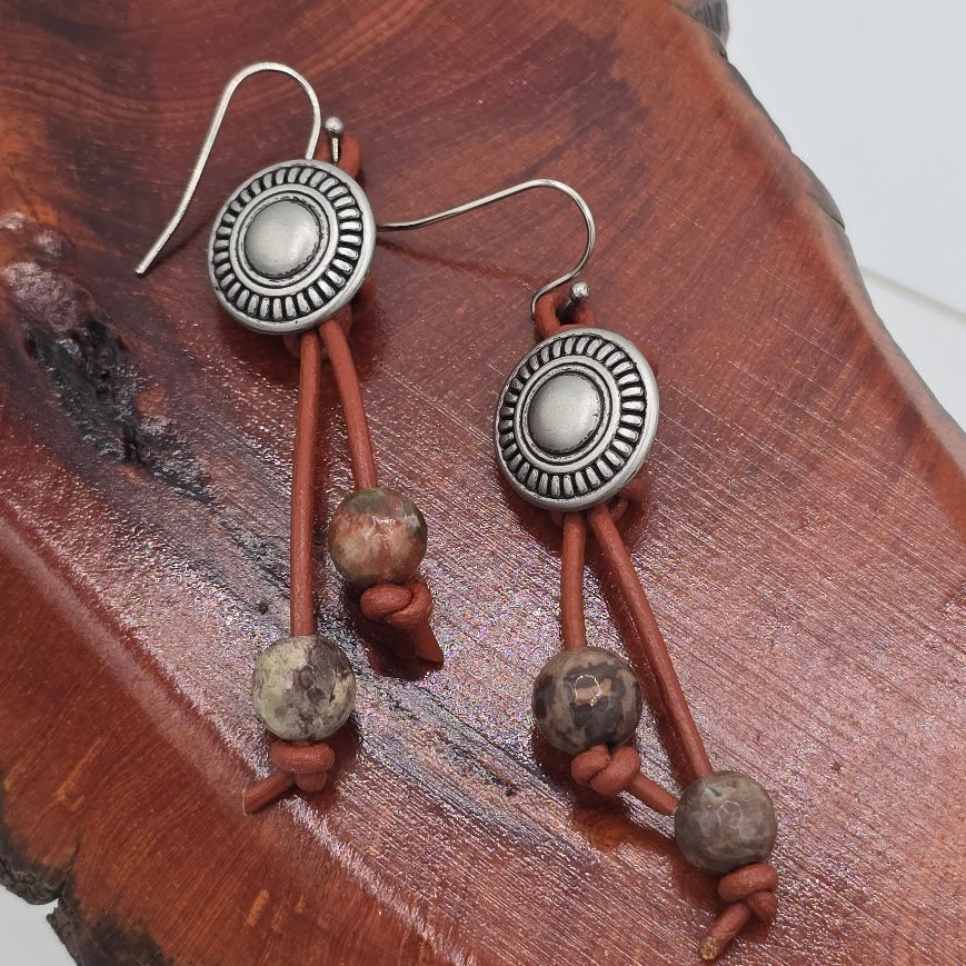 Pewter Tone Buttons on Saddle Brown Leather with Boulder Opal on Stainless Steel Ear Wires