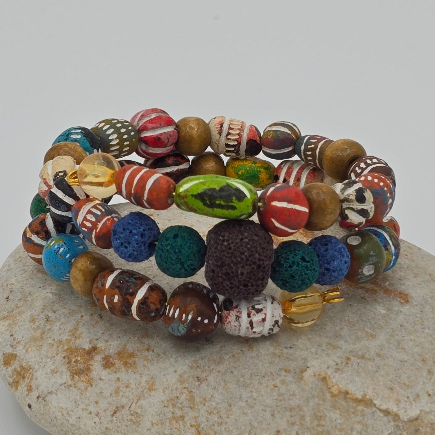 Handmade Jewelry; Memory Wire Bracelet with Vibrant Clay Beads and Lava Beads; Tina Lucas; The Cool Collective; Woman-Owned Small Business