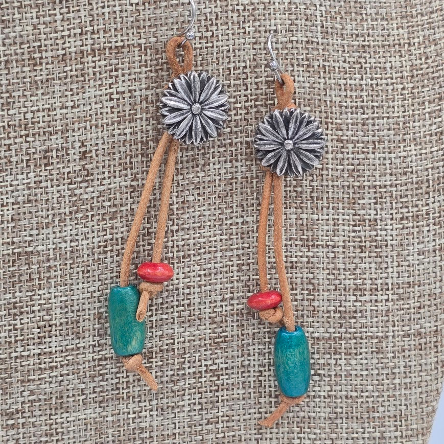 Flower Button Leather Earrings with Wooden Beads and Stainless Steel Ear Wires