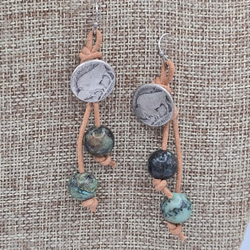 Buffalo Nickel Button Earrings on Natural Tan Leather with Sim. African Turquoise on Stainless Steel Ear Wires