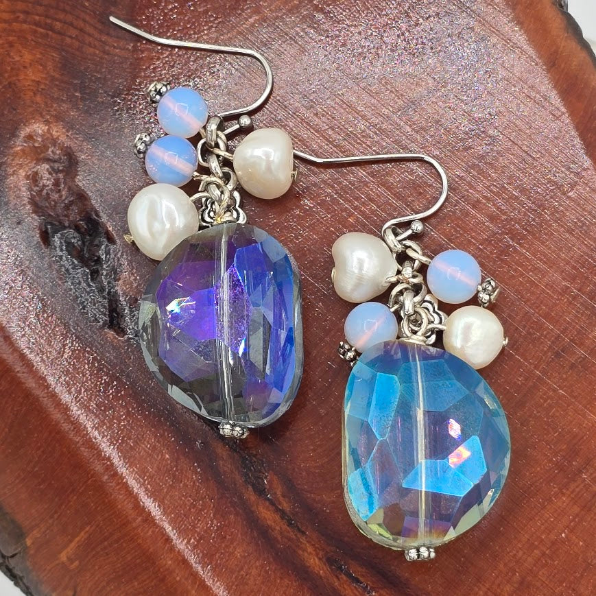 Blue/Purple Crystal Drop Earrings with Pearls & Opalite with Stainless Steel Ear Wires