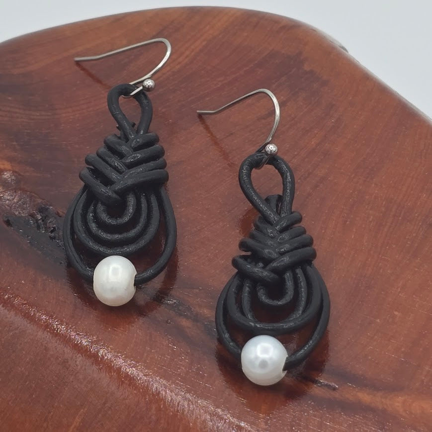 Chinese Pipa Knot, Black Leather, Pearls, Stainless Steel Ear Wires