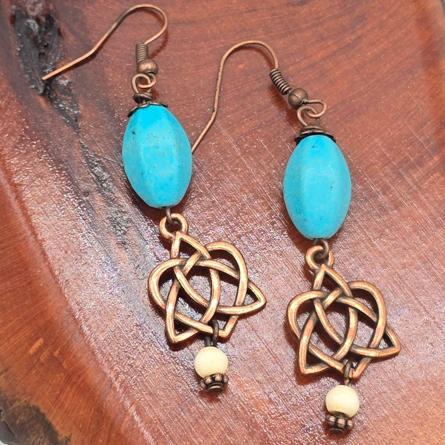 Antique Copper Celtic Love Knot with Blue Howlite and Czech Glass Beads on Antique Copper Ear Wires