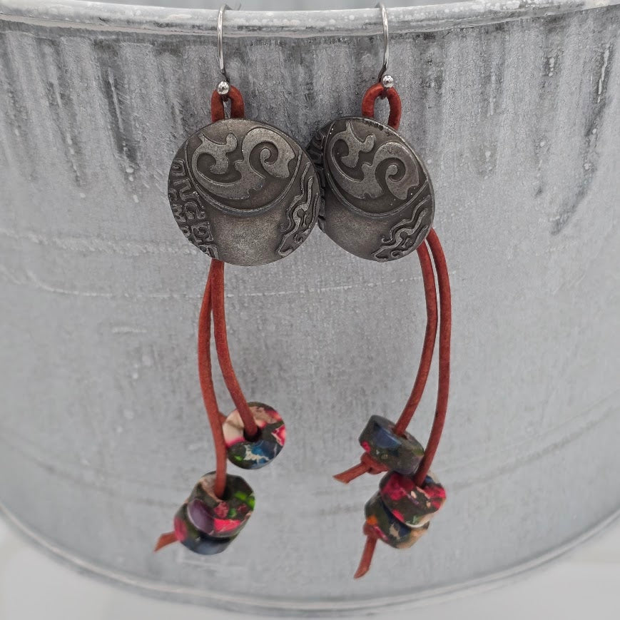 Silver Tone Buttons with Natural Red Leather, Mosaic Jasper, and Stainless Steel Ear Wires