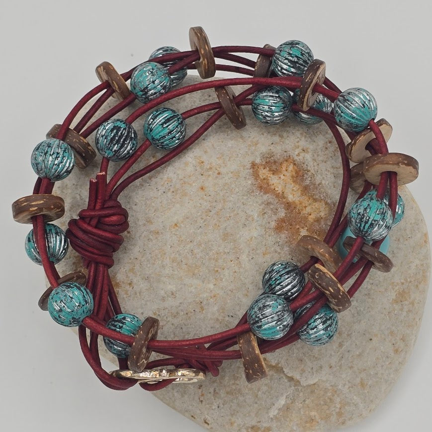 Handmade Jewelry; Turkish Red Leather Double Wrap; Wood and Blue Patina Beads; Tina Lucas; The Cool Collective; Woman-Owned Small Business