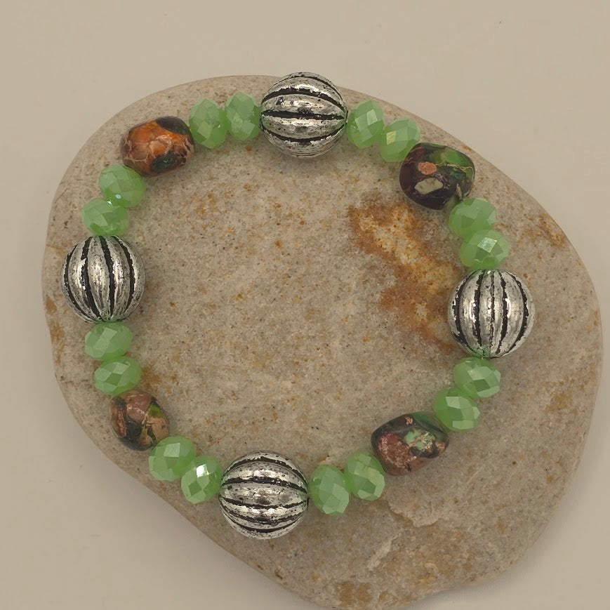 Handmade Jewelry; STRETCH Bracelet with Mardi Gras Jasper, Light Green Crystals, and Silver Tone Accents; Tina Lucas; The Cool Collective; Woman-Owned Small Business